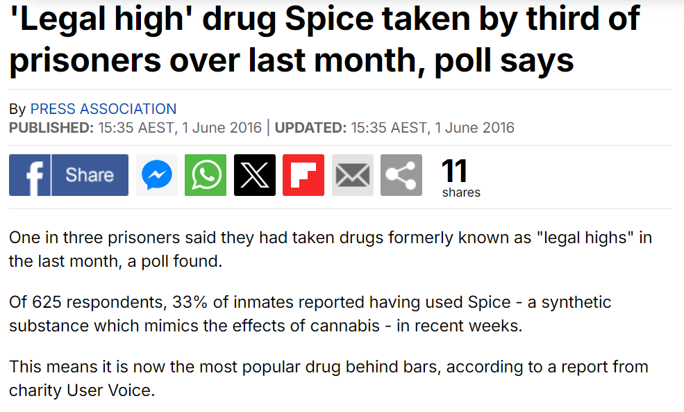 'Legal high' drug Spice taken by third of prisoners over last month, poll says Thumbnail